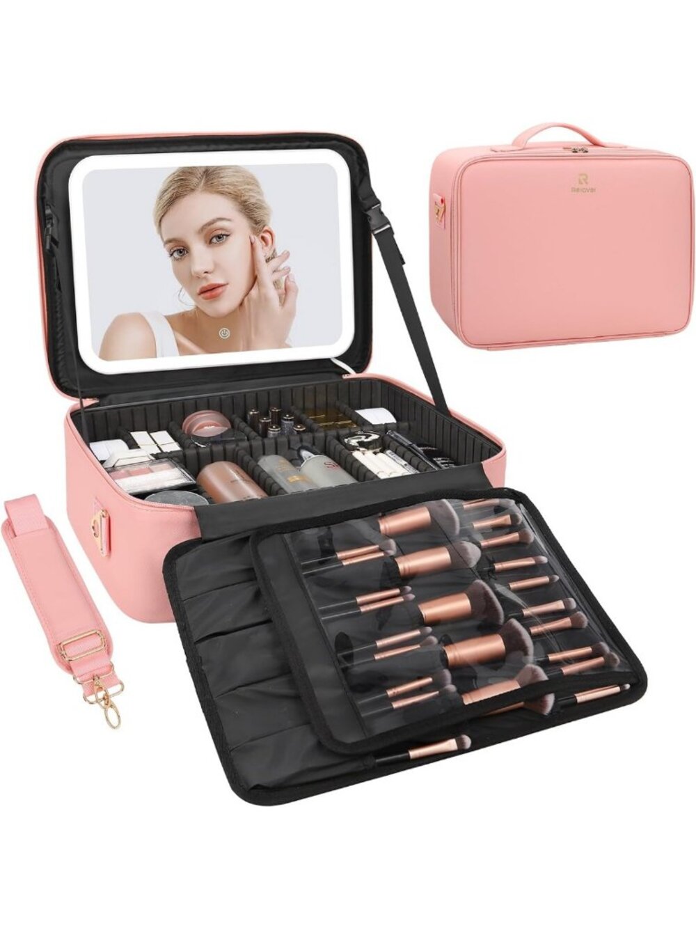 LED Makeup Bag with Mirror, Large Cosmetic Organizer with Shoulder Strap